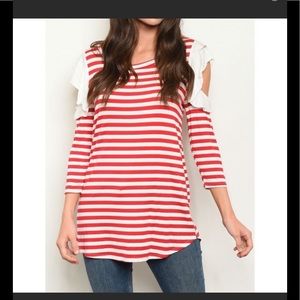 FINAL PRICE DROP BOUTIQUE- RED CANDY CANE STRIPED COLD SHOULDER TOP